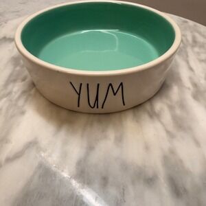 Rae Dunn YUM Pet Bowl Teal Interior White Ceramic Artisan Collection by Magenta